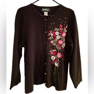 Vintage Black Cardigan with Floral Embroidery